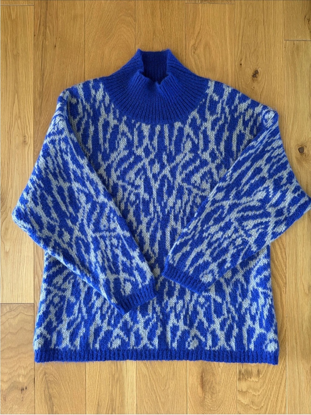 Benetton Blue & Gray Mohair Blend Mockneck Boxy Pullover Sweater Italy Size LG - Picture 12 of 12